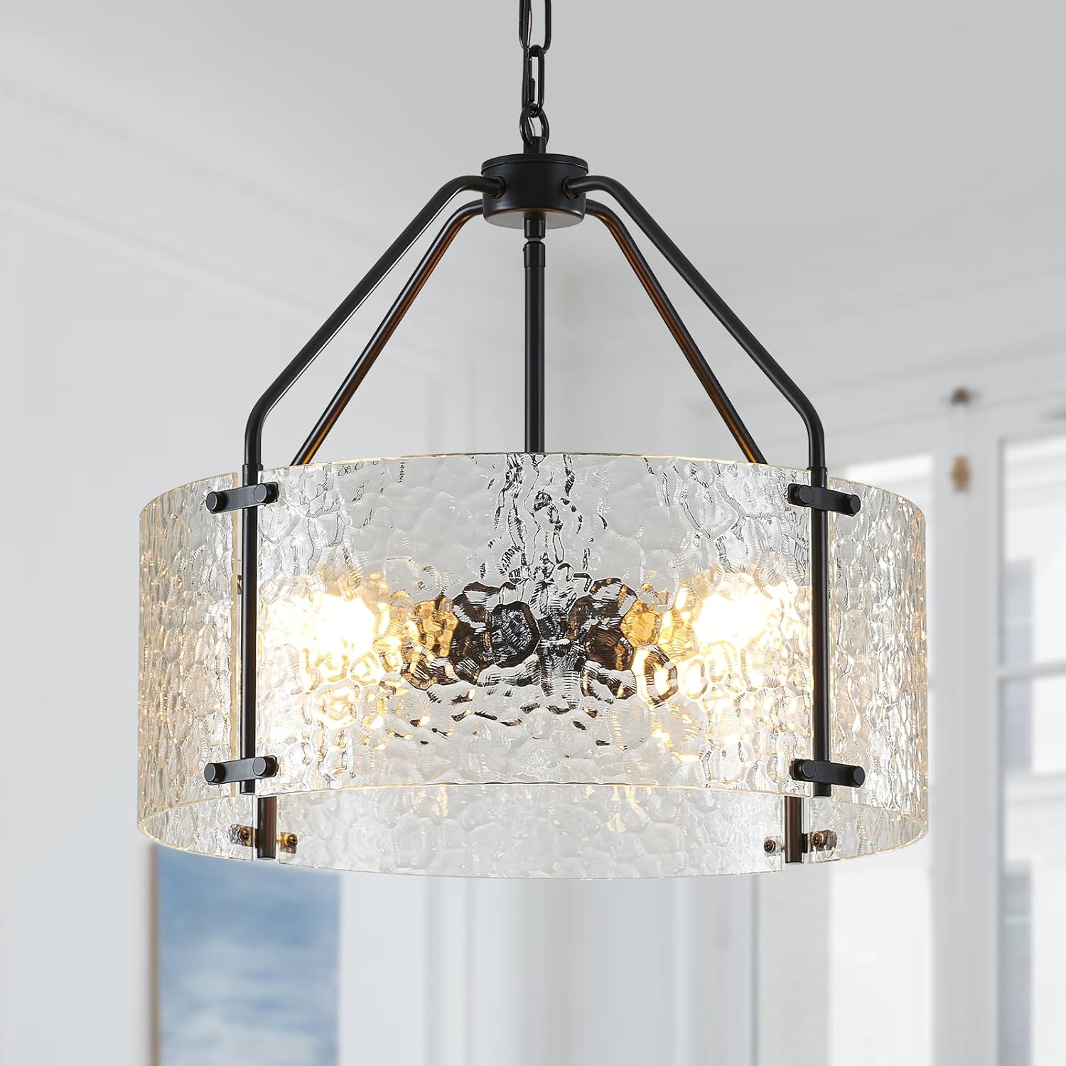 Glass Drum Chandelier for Dining Room 18'' Entryway Light Fixture 4-Light Kitchen Chandeliers Over Table Bedroom Light Fixture for Living Room Hallway Foyer Kitchen