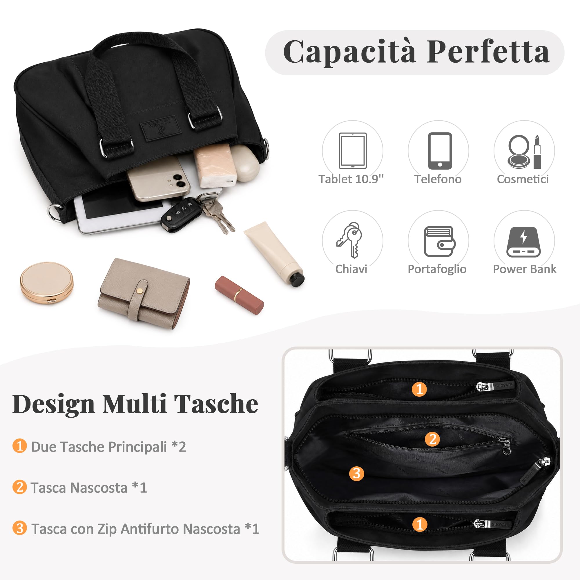 Donna Borsa Tracolla Moda Borsa Viaggio Borse Leggero Mano Borsetta Messenger Bag per Shopper Casual Lavoro Vacanze Impermeabile Nylon Nero