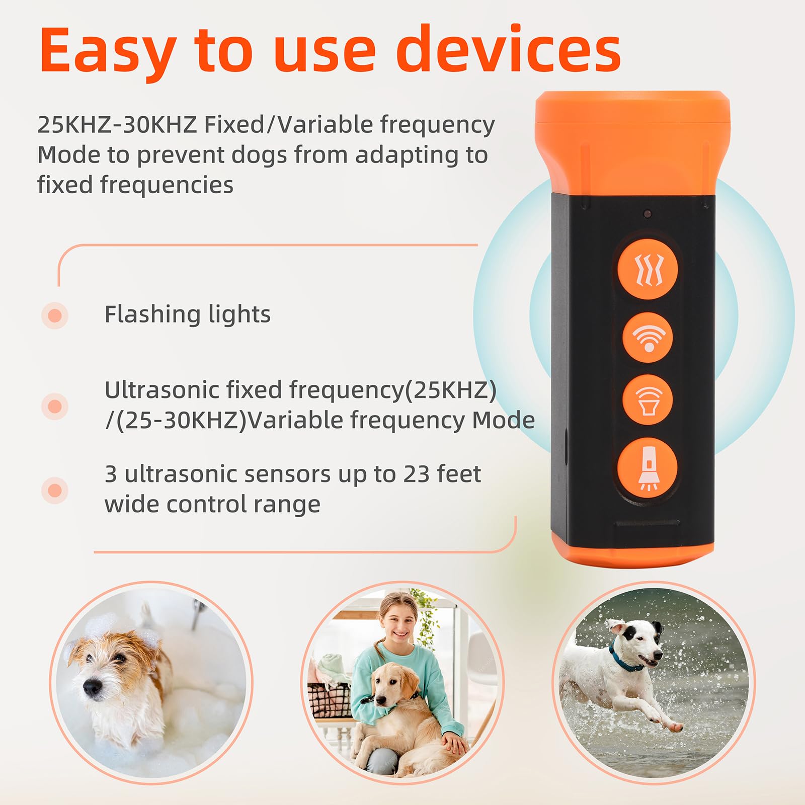 RU40- Anti-Barking Device with 4 Ultrasonic Heads, 15m Range, Rechargeable Dog Deterrent with Training Mode, SOS Light & Auto Function - Pet Behavior Control for Yard Protection