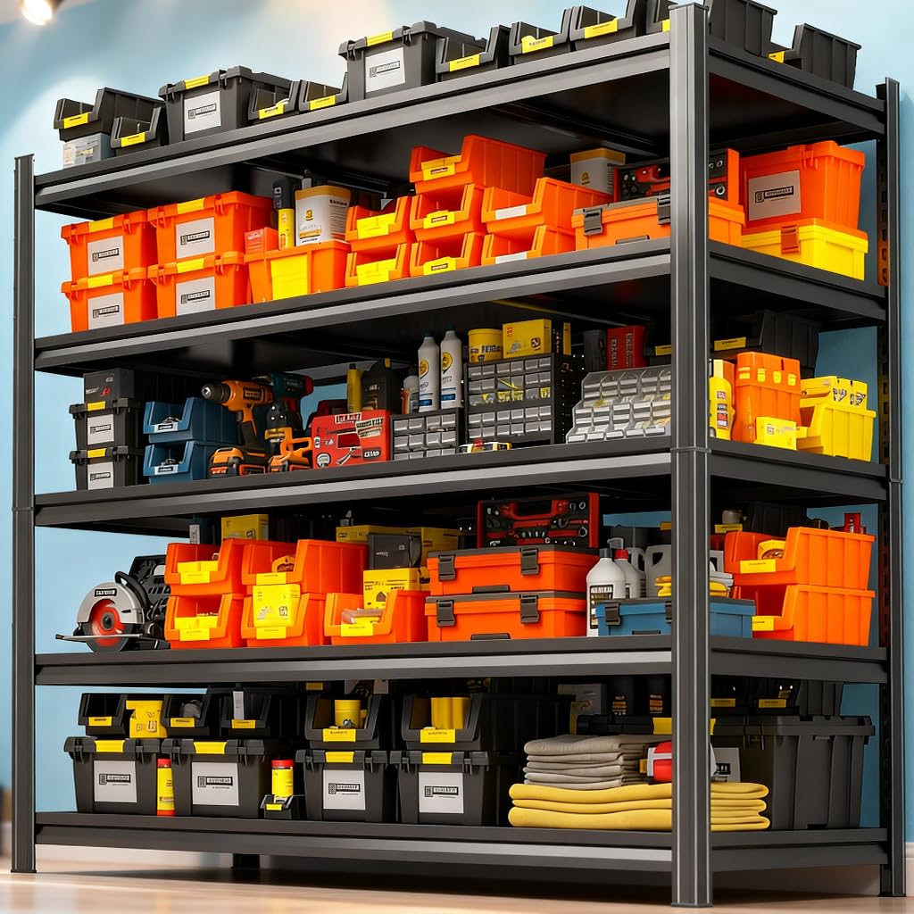 48''W Garage Shelving,4 Tier Heavy Duty Storage Shelves,Metal Garage Shelves Units,3000 lbs Adjustable Standing Shelf for Garage,Basement, Warehouse,Thickened Double-Layer Posts 55in×48in x 24in