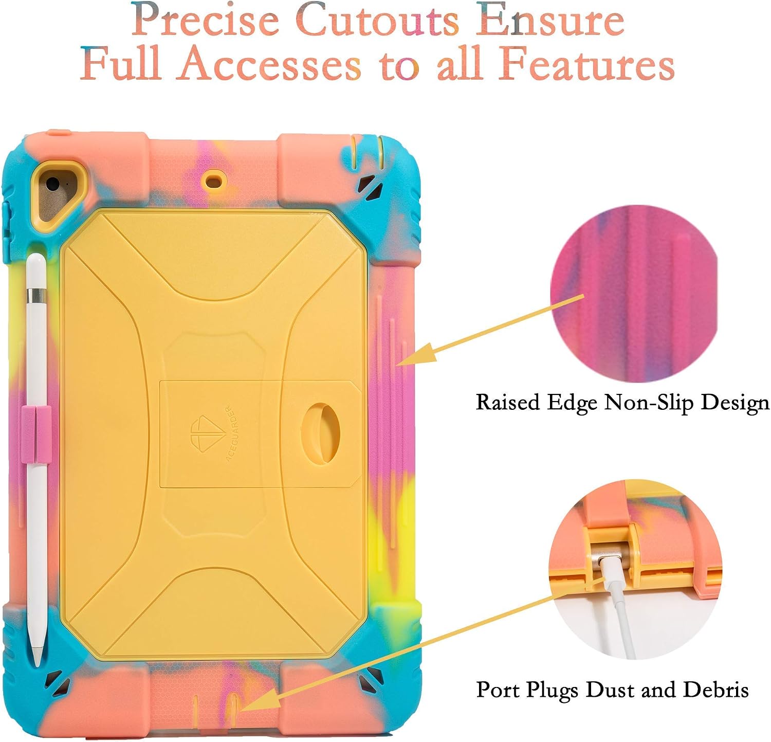 ACEGUARDER New iPad 9.7 Case 2018 (6th Gen)/2017 (5th Gen), iPad Air 2 Kids Case Rainbow Series,Shockproof Heavy Duty Silicone Protective Cover with Kickstand (Ice Cream/Yellow)