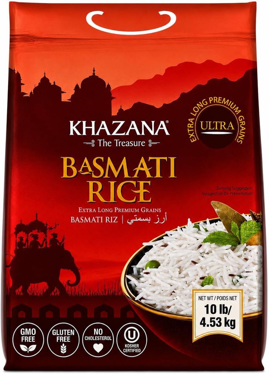 Authentic Extra Long Basmati Rice by Khazana in 10 lb Bag - Aromatic and Flavorful Indian Grain - Non-GMO, Gluten Free, Kosher, Cholesterol Free