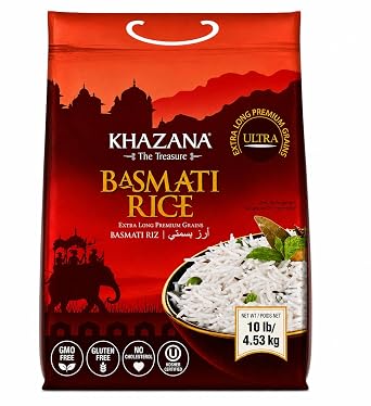 Authentic Extra Long Basmati Rice by Khazana in 10 lb Bag - Aromatic and Flavorful Indian Grain - Non-GMO, Gluten Free, Kosher, Cholesterol Free