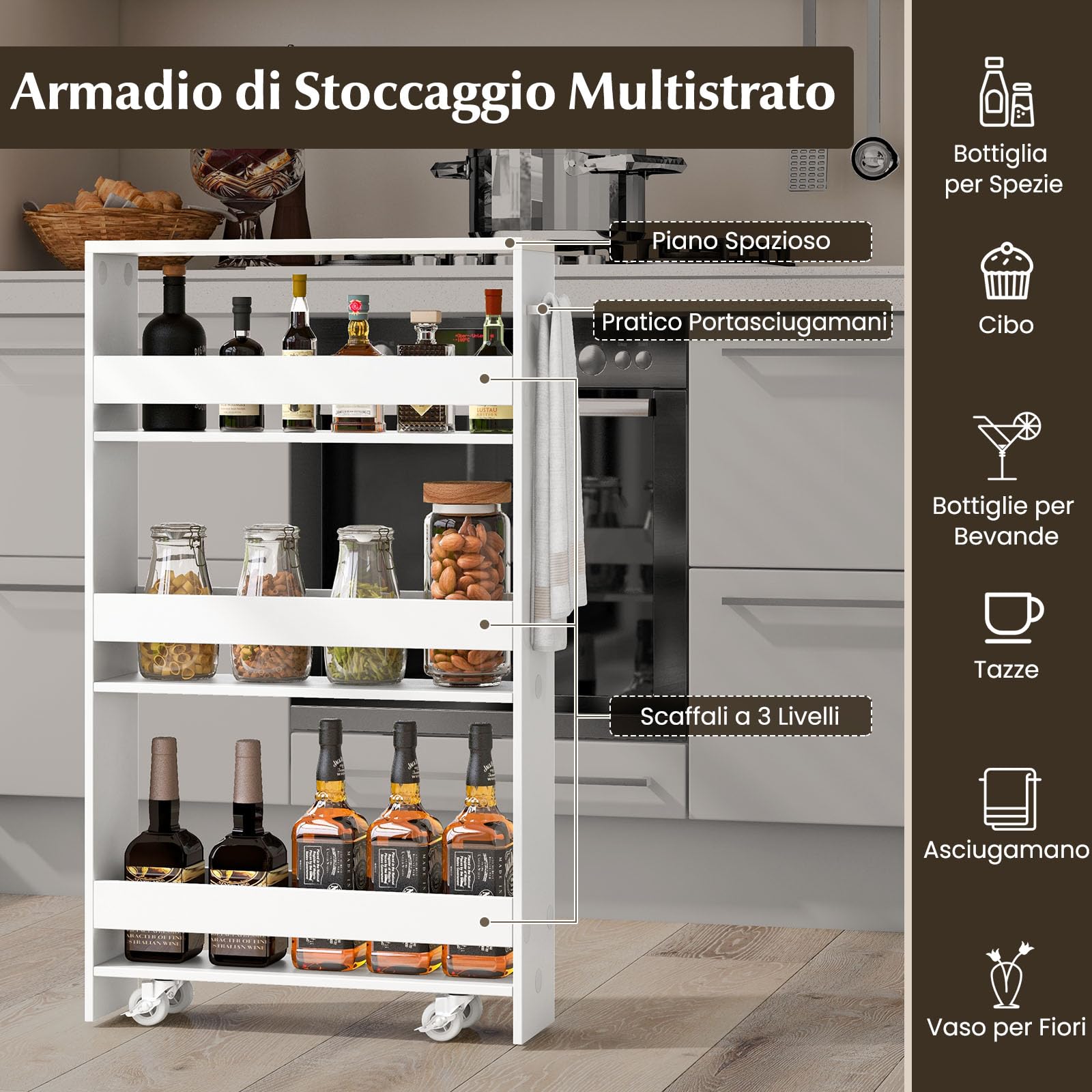 GYMAX Carrelli Portaoggetti a 4 Ripiani, Carrello con Ruote Salvaspazio con Maniglia, Carrello a Scaffale Slim Stretto in Legno per Cucina, Bagno, Lavanderia, 47,5 x 13 x 80,5 cm (Bianco)
