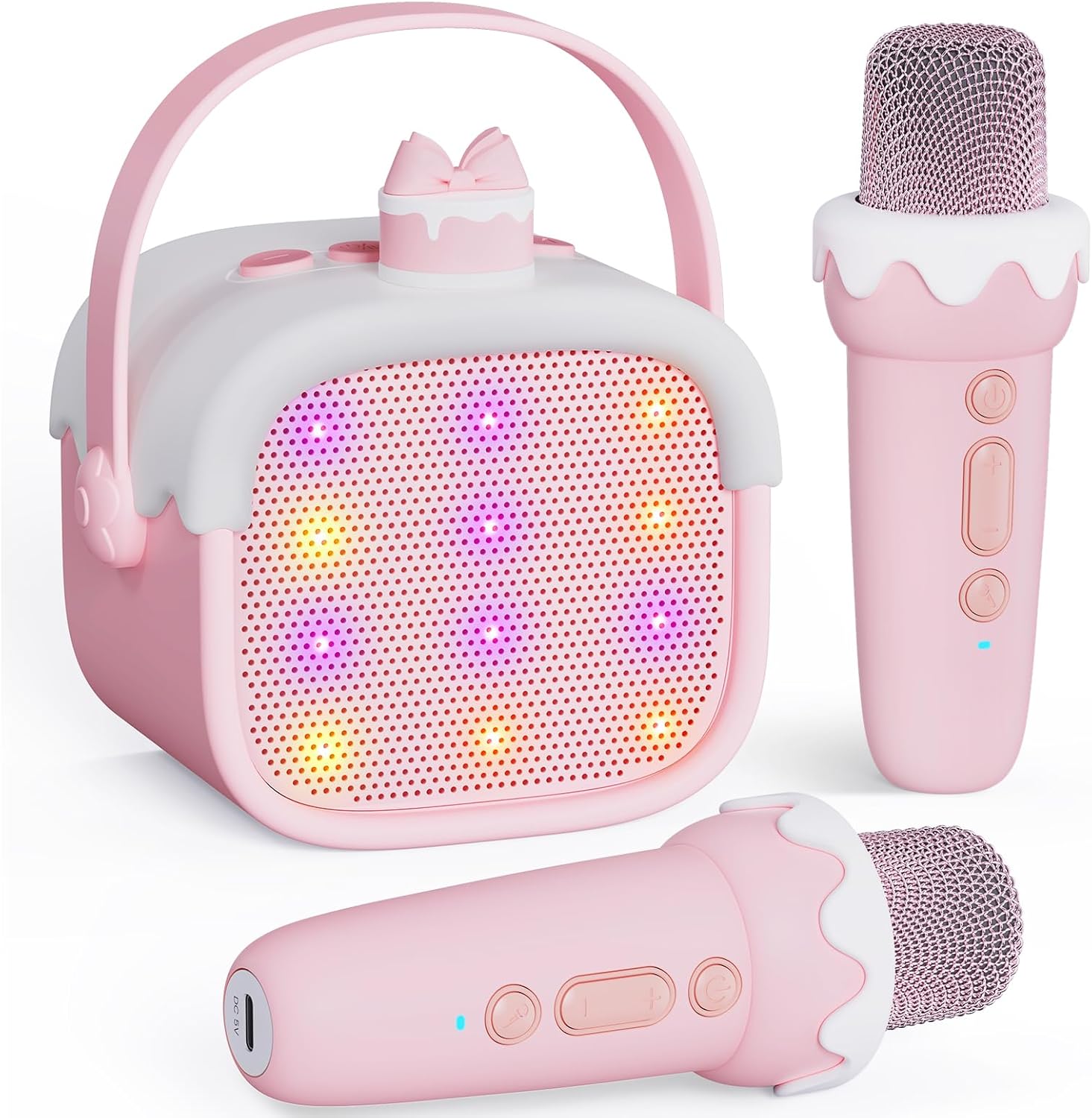 Mini Karaoke Machine for Kids with 2 Wireless Microphones - Portable Bluetooth 5.3 Speaker with LED Lights & Voice Changer, Toys for Girls Boys Age 3 4 5 6 7 8 9 10+