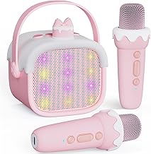 Karaoke for Children, Karaoke with 2 Wireless Microphones, Birthday Gift for Girls 3-12 Years, Children's Microphone, LED Light and Voice Changing