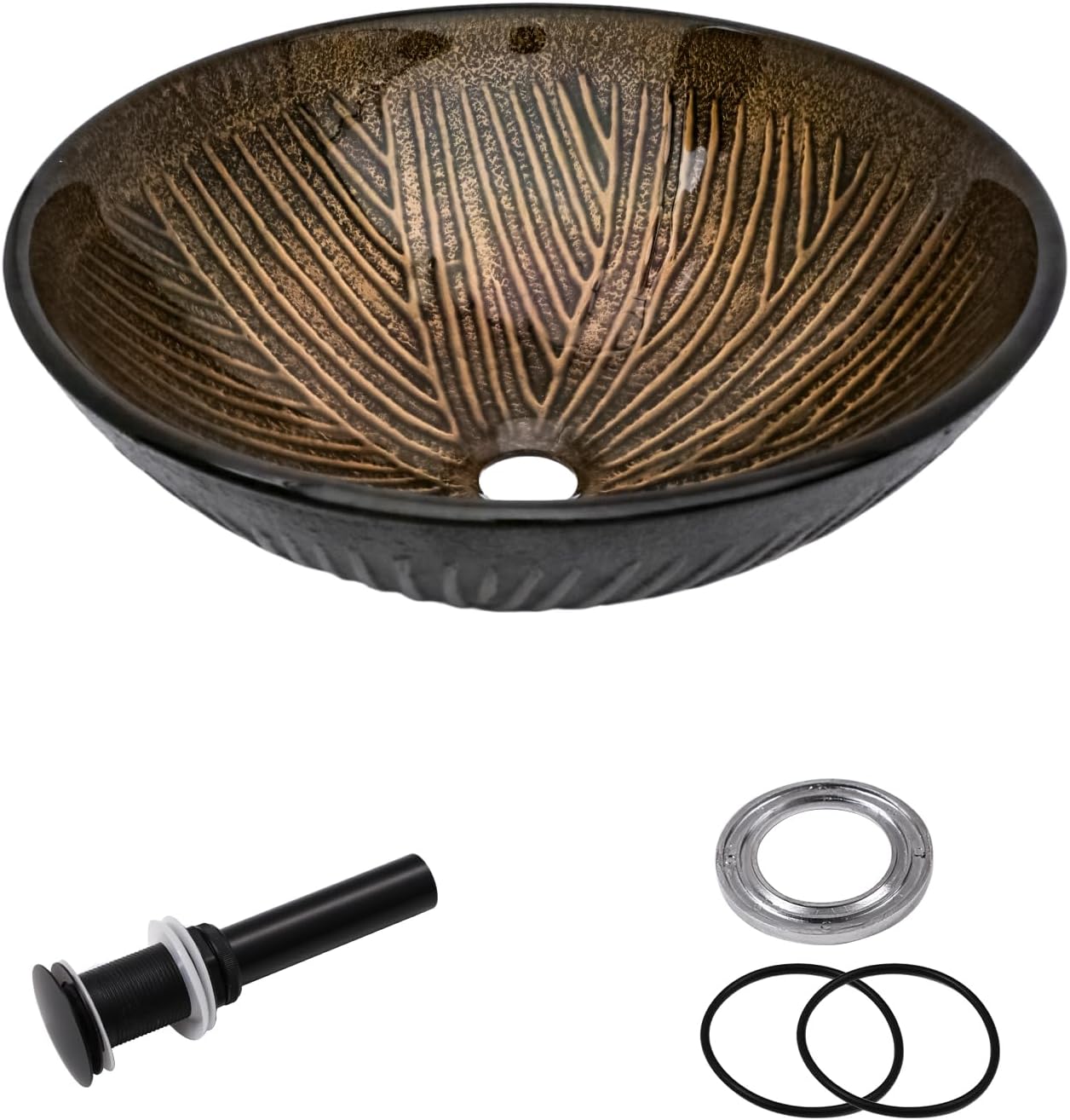 Sarlai Bathroom Vessel Sink Tempered Glass Round Vessel Sink with Pop-up Drain Combo 16-1/2 x 16-1/2 Inch Brown Countertop Bathroom Sink Basin