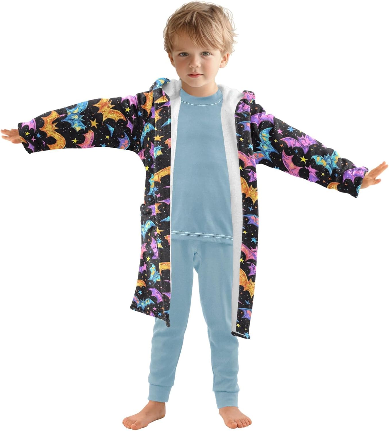 Halloween Bright Colorful Bats Bathrobe Hooded PJ Robe Soft Fleece Robe Pajama Sleepwear 2-12 Years