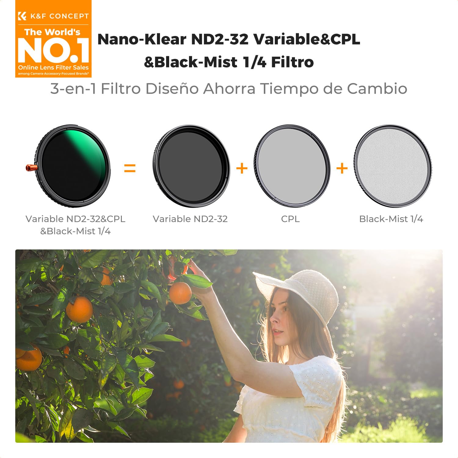 K&F CONCEPT Nano-Klear 67mm Filtro Variable ND2-32 & Black-Mist 1/4 & CPL,3 En 1 Función ND2-32 Densidad Neutra & Polarizador & Black Difusión 1/4 Filtro con 3pcs Paño de Limpieza
