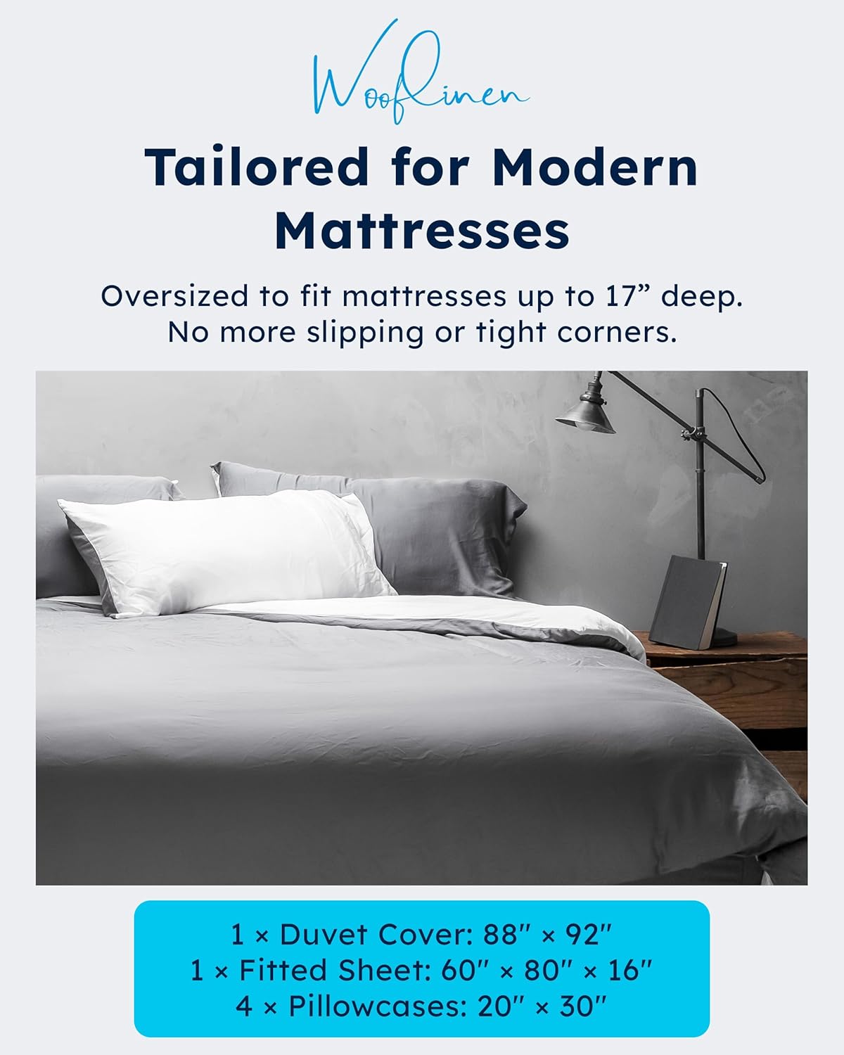 Wooflinen 100% Viscose Derived from Bamboo Sheets & Duvet Cover Set – Soft Feel Like Silk Bed Sheets – Two-Toned, Breathable, Cooling Bedding – Queen, 6 Pc Set