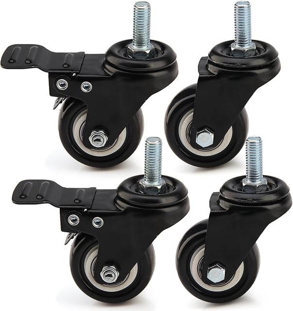 Holdfiturn 4Pcs Castor Wheels Spiral Caster Heavy Duty Castor Wheels 50mm Rubber PU Swivel 200KG Castor Wheels Trolley Furniture Caster with Screw (Black)