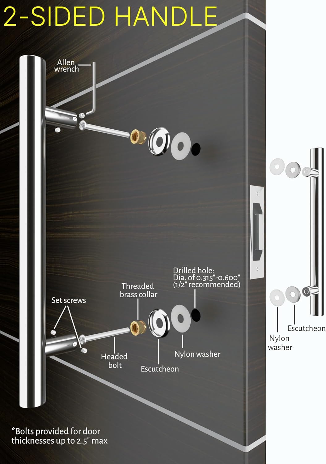 18 Inch Back-to-Back Modern Stainless Steel Front Door Handles Chrome Mirror Polished Finish, Contemporary Push Pull Barn Door Handle Set Gate Handle Pulls Hardware Sliding Doors, Round Shape Bar
