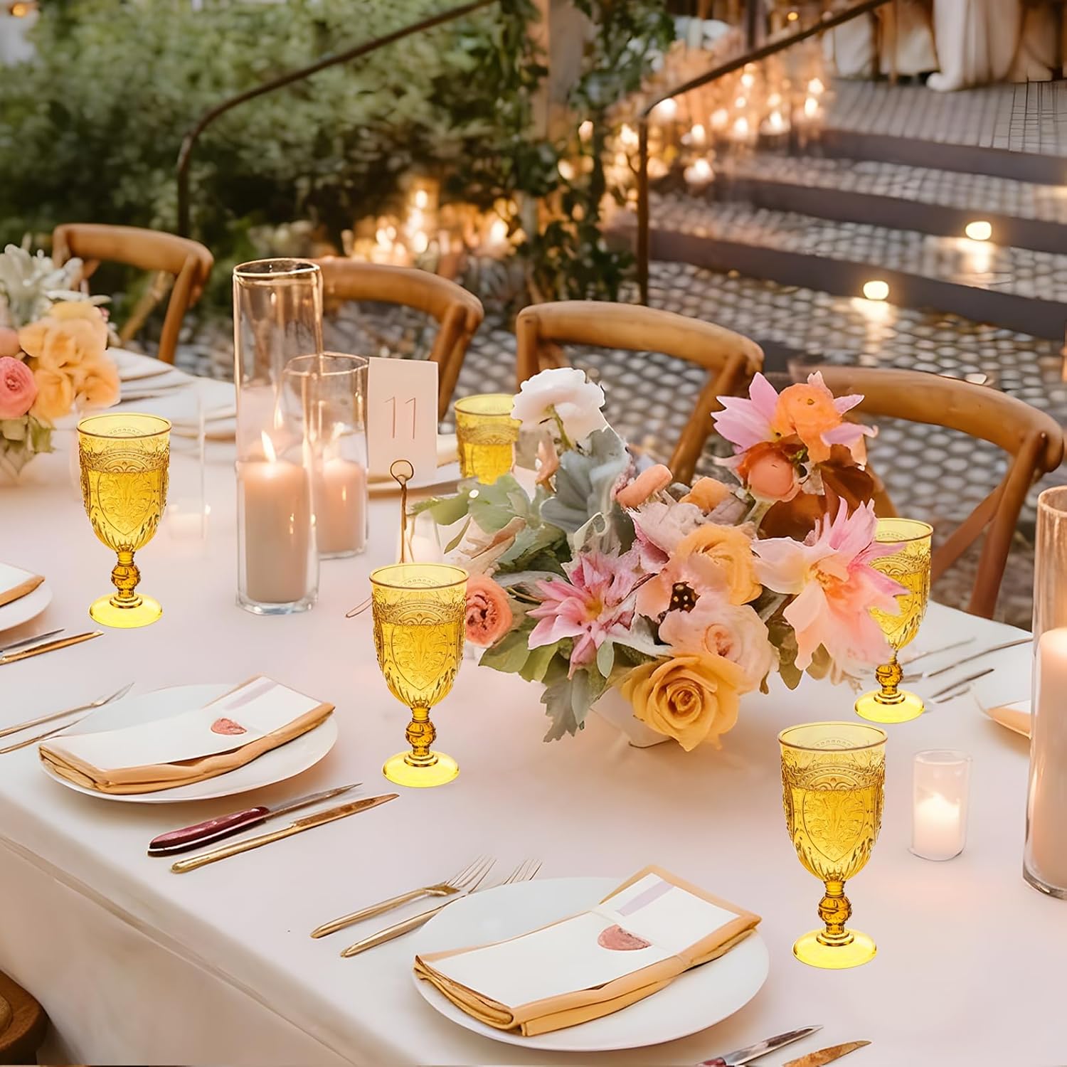 Plastic Wine Glasses 24Pcs Plastic Goblets 7.5oz Colored Retro Embossed Glassware Vintage Stemmed Drinking Cup Reusable Water Goblets for Wedding Reception Grand Event Party Bar,Whiskey (Amber)