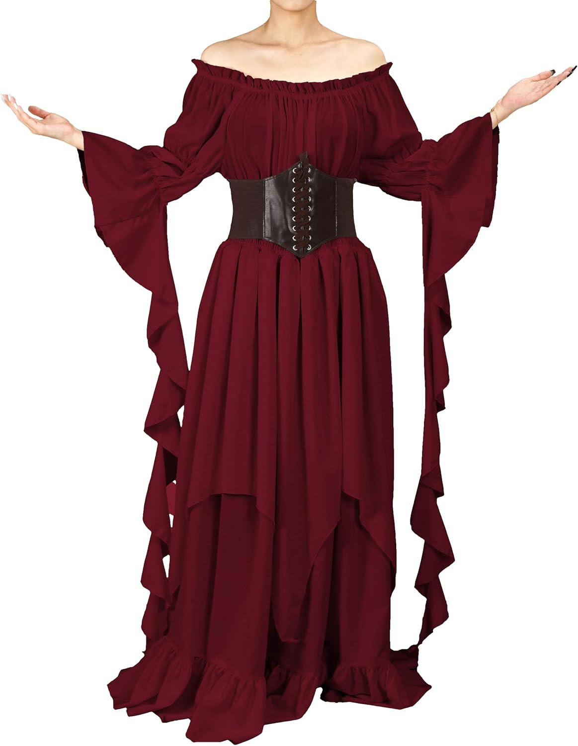 Renaissance Victorian Dress for Women, Medieval Gothic Costume Witch Pirate Chemise Long Sleeve Dress - Image 2