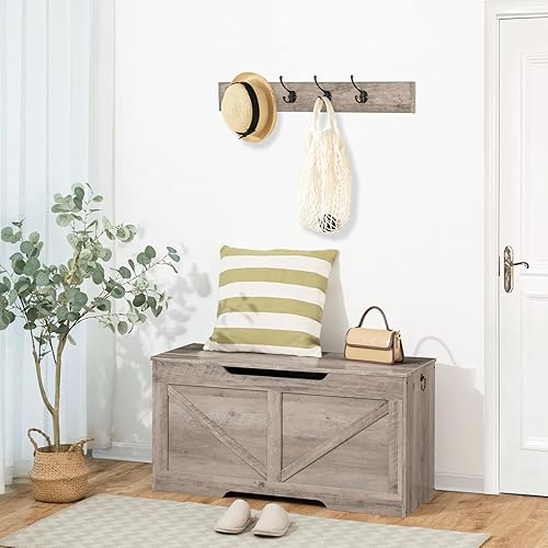 Miniatura 8 de HOOBRO Banco de almacenamiento, baúl de almacenamiento de madera retro de 39.4 pulgadas con tirador recortado en forma de U, bisagra de seguridad,