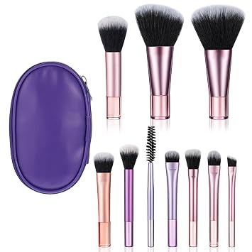 10 Pcs Mini Travel Makeup Brush Set with Pouch, Portable Travel Brush Mini Makeup Brushes for Foundation Eyeshadow Blush Contour Compact Cosmetic Brushes Essentials for Women Girls