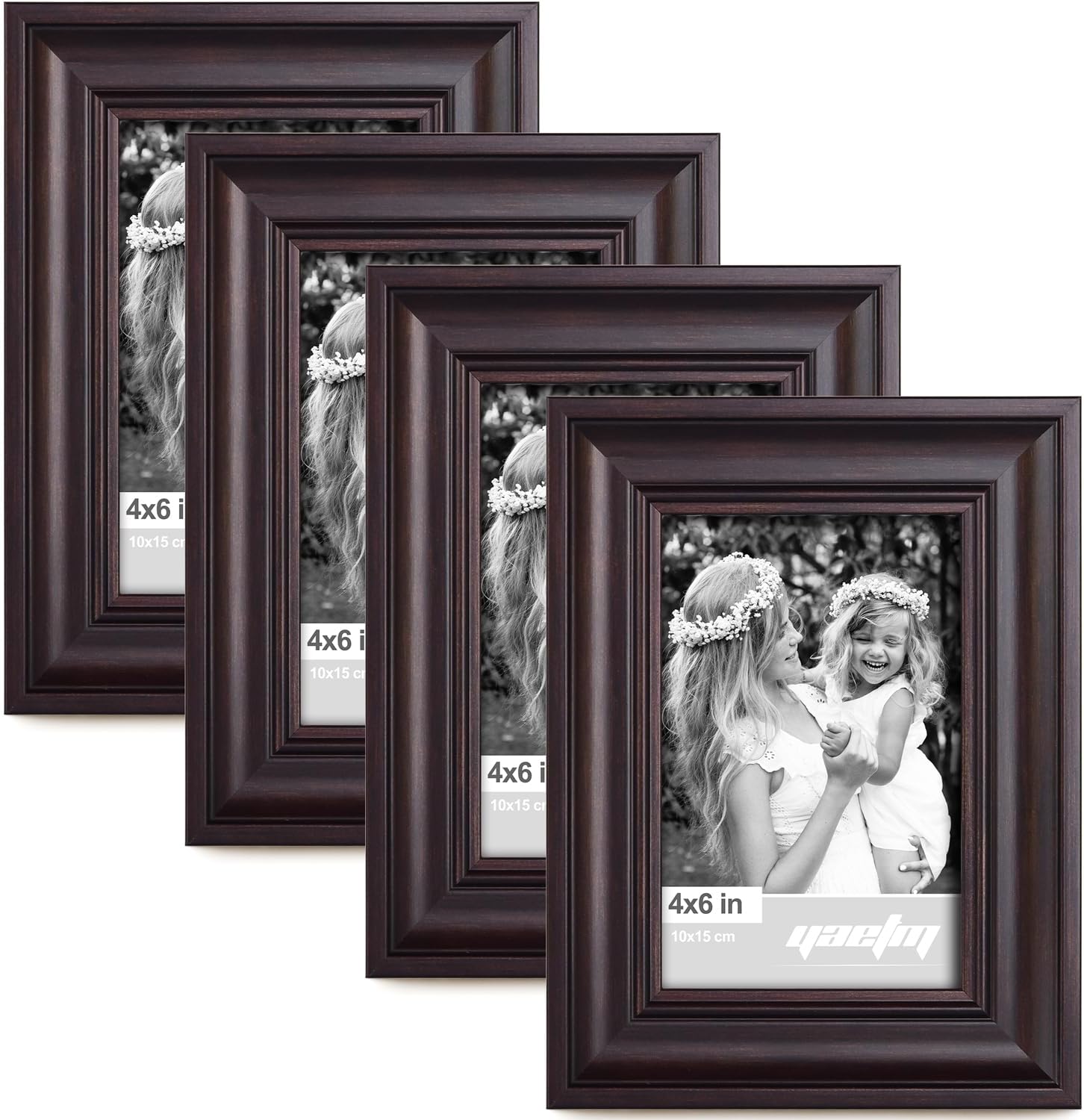 Yaetm 4x6 Picture Frame Set of 4, 1.4” Wide Molding & Dark Brown Photo Frames with HD Tempered Glass, Display on Tabletop & Wall Mounting, Brown