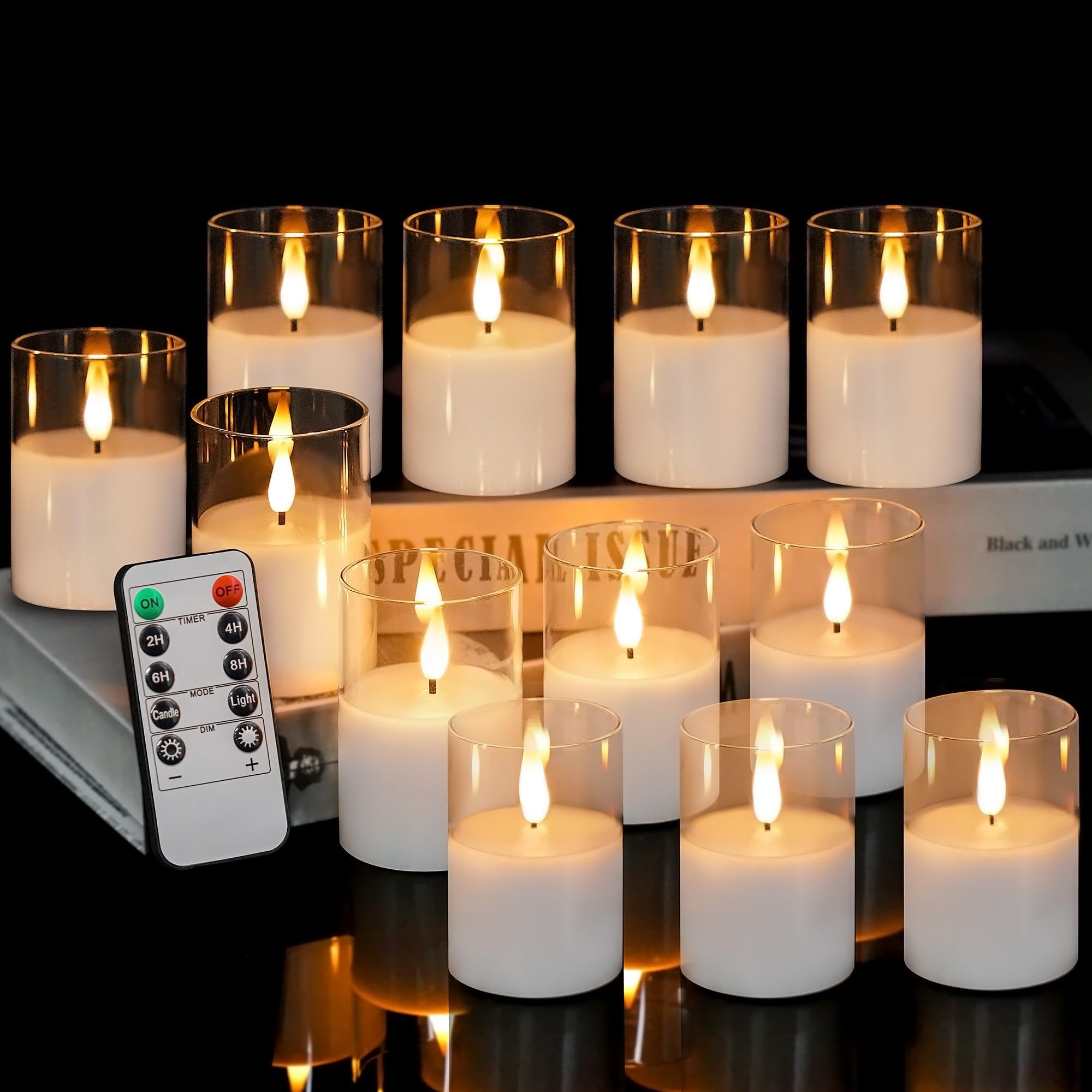 VIODAIM 12Pack Glass Flameless Candles with Remote, Real Wax Small Battery Candles