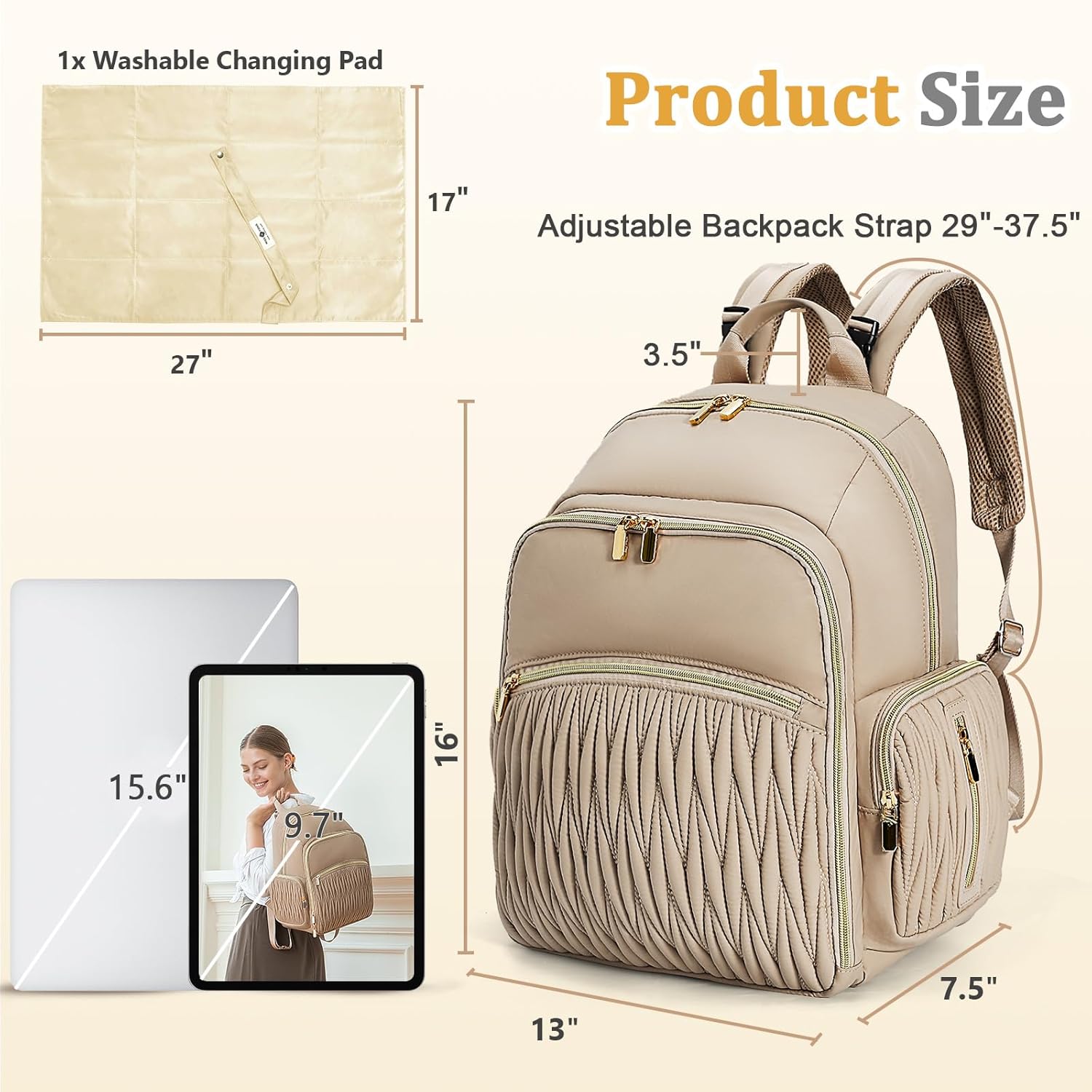 Miss Fong Diaper Bag Backpack - Quilted Travel Baby Bag with Changing Pad, 16 Pockets, Waterproof, Large Capacity - Mommy Backpack for Baby Shower Gifts (Khaki) - Image 5