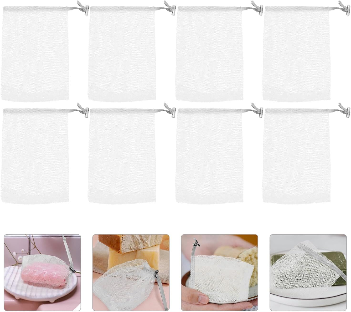8PCS Facial Foaming Nets Soap Saver Pouches with Drawstring for Exfoliating and Deep Face Cleaning Multipurpose Mesh Bags Suitable for Handmade and Cosmetic Soaps