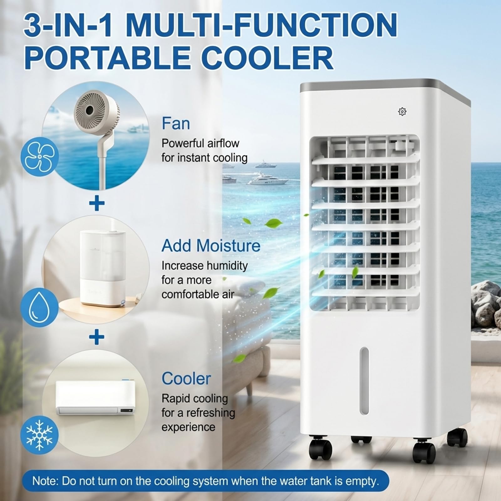 Raffrescatore d'Aria Portatile, Raffrescatore Evaporativo 3 in 1 con Serbatoio 6 L, Telecomando, Oscillazione 90°, 2 Piastre Refrigeranti, 3 Velocità, Timer 7,5 Ore per Casa, Camera e Ufficio white