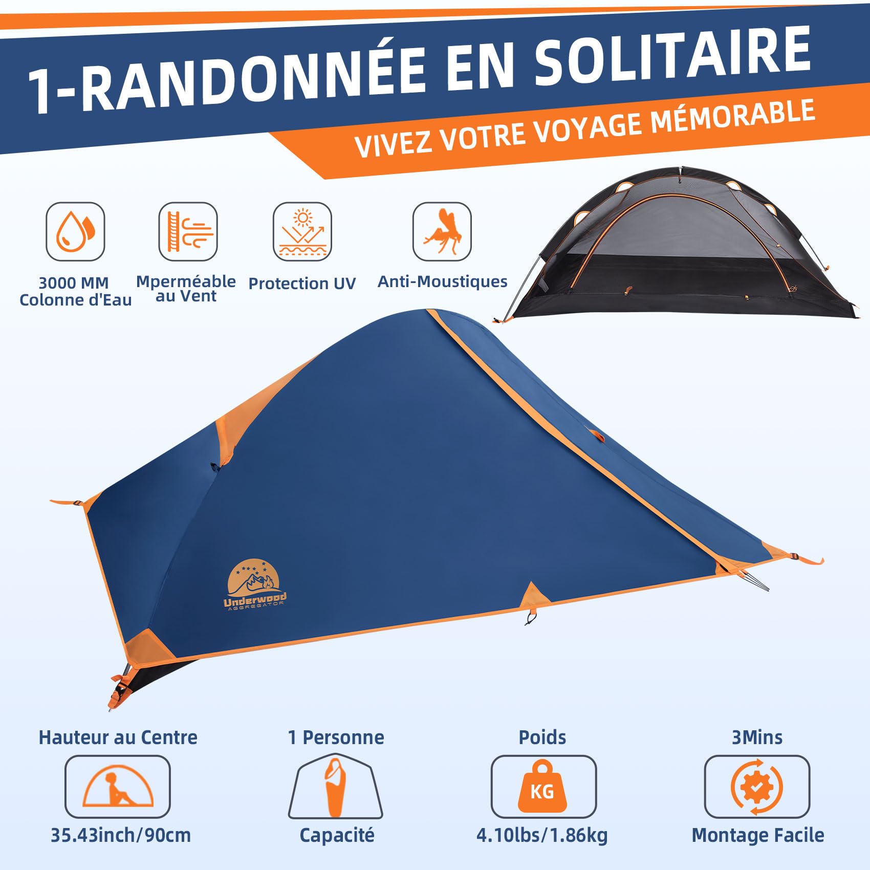 Tente 1 Personne UltraLégère, Imperméable Compacte avec Mât Unique pour Randonnée