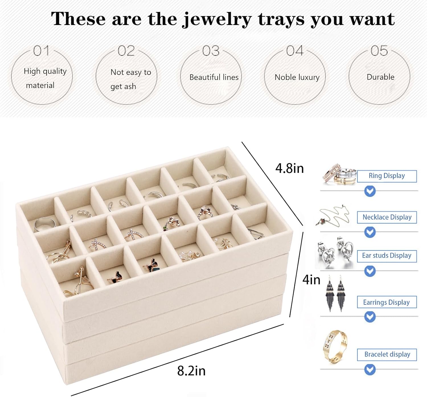 Velvet Jewelry Organizer for Drawer, Stackable Jewelry Storage Trays in Dresser, Small Drawer Inserts Display Case for Rings Stud Necklaces Accessories, Set of 4 - Image 5