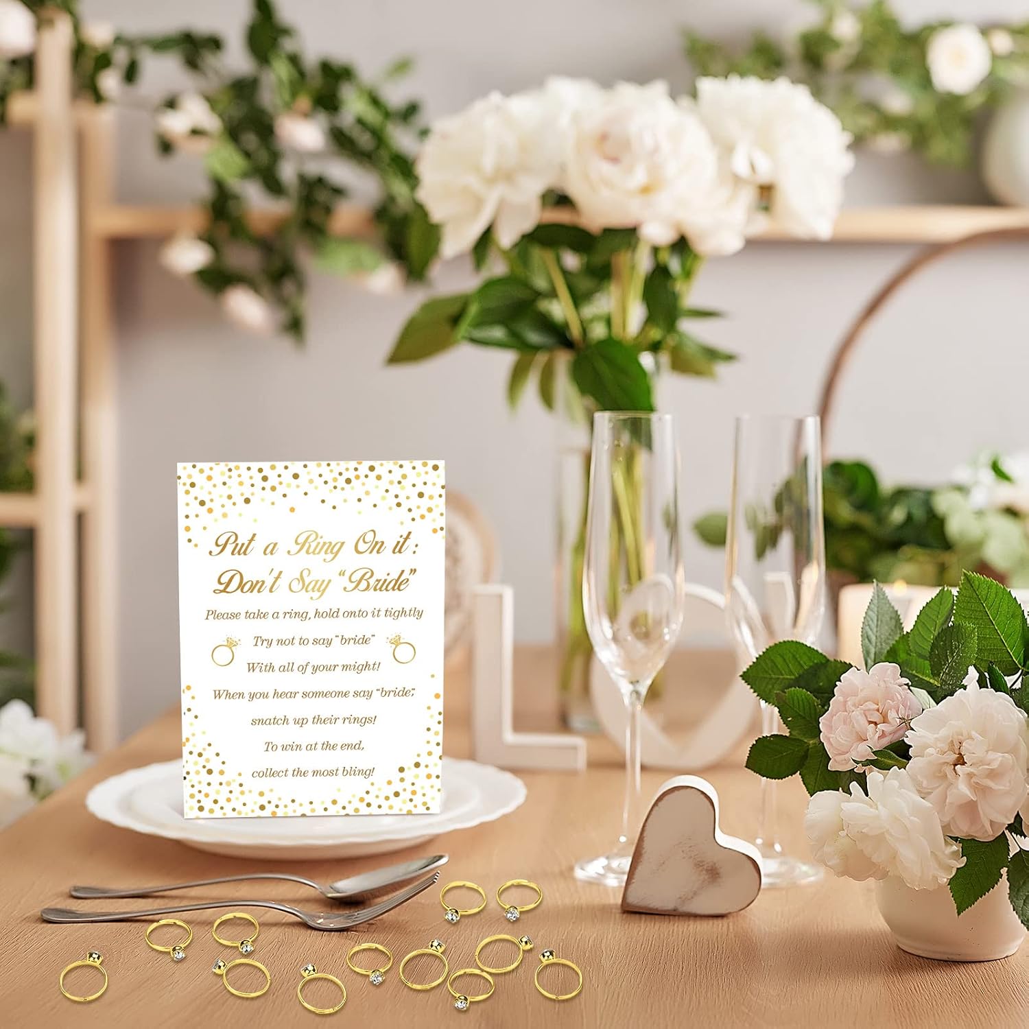 Jetec 100 Fake Rings Bridal Shower Game Put a Ring on It with Not Say Bride Card for Wedding Engagement Party Bridal Shower for Teens Mothers Grandmothers All Ages Guests