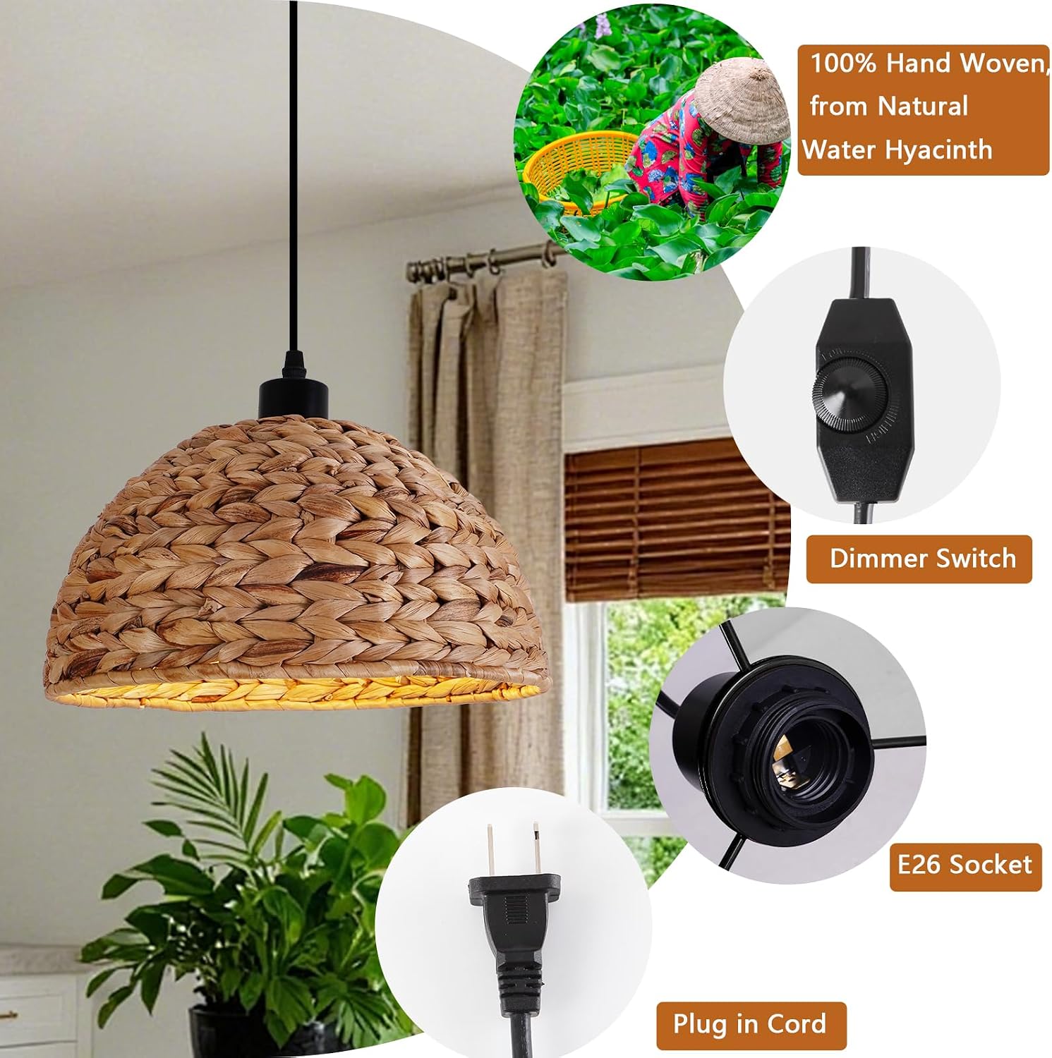 HuisMier Rattan Plug in Pendant Light with 15 Ft Plug in Cord, Hand Woven Lampshade Boho Hanging Lamp with Dimmable Switch, Farmhouse Rattan Pendant Light for Dining Room Bedroom Kitchen