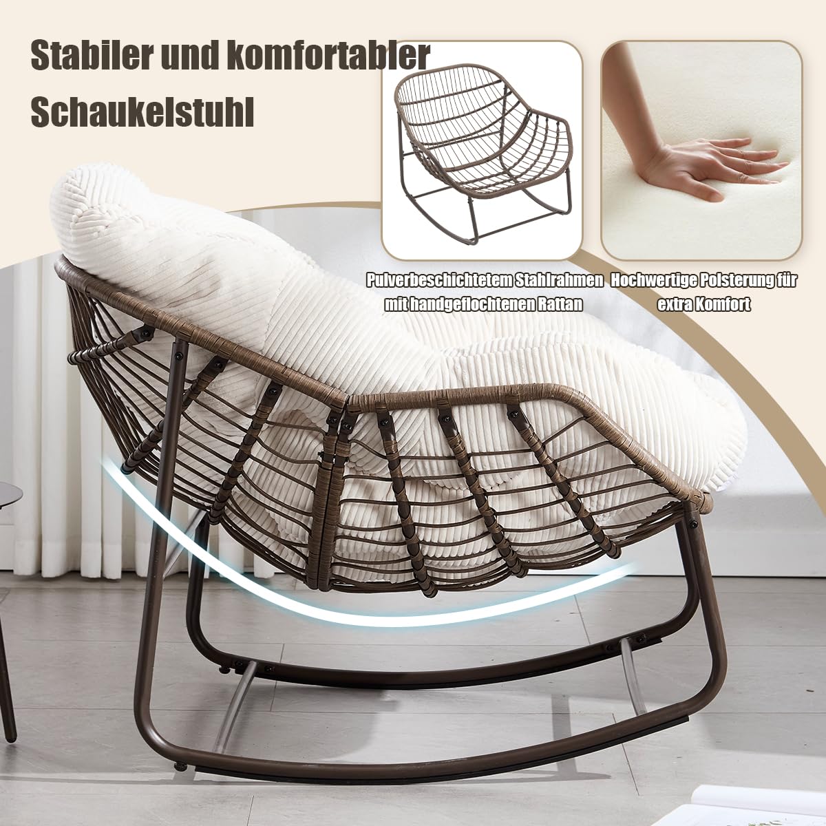 Schaukelstuhl Schaukelsessel mit Rattan, Loungesessel drinnen & draußen, Ei-Schaukelstuhl für Wohnzimmer Balkon Garten Outdoor und Indoor Cord Weiß