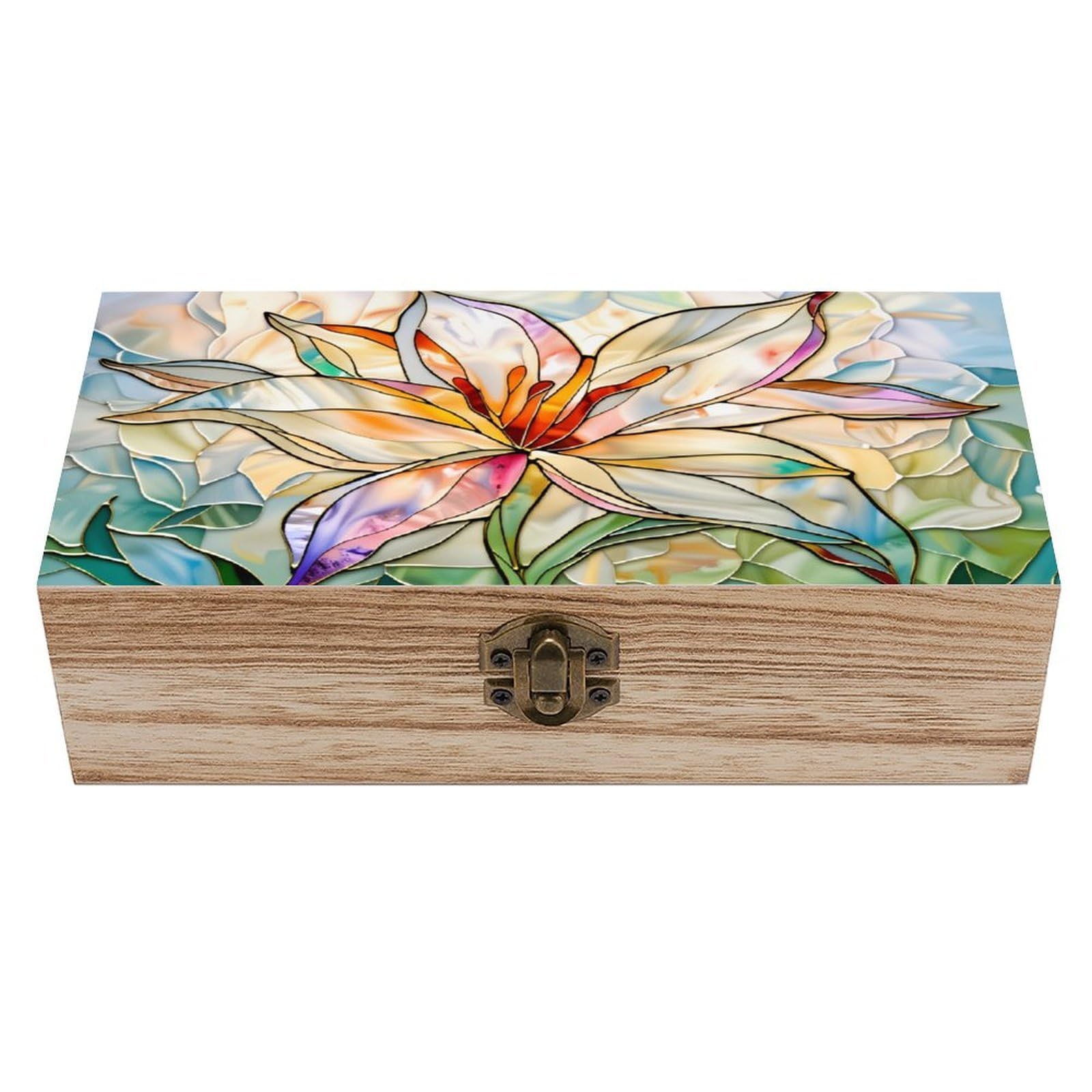 asbwuo Stained Glass Floral Vintage Wooden Keepsake Box