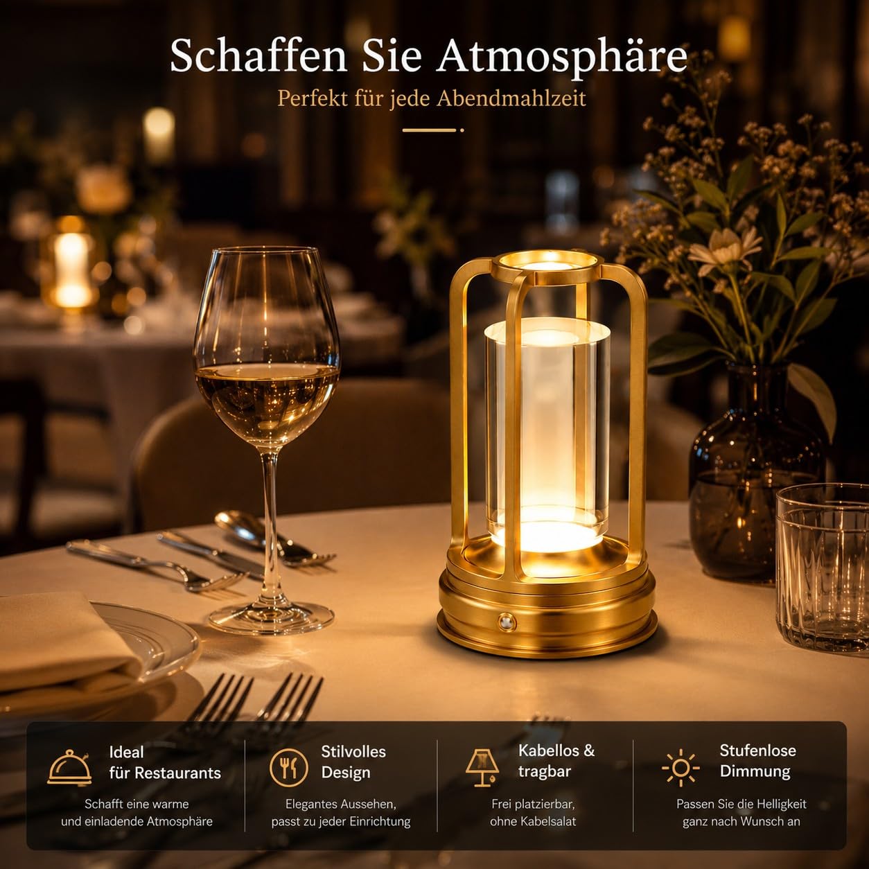 2er Set Tischlampe Kabellos mit Akku, LED Touch Lampe Dimmbar, USB-C Wiederaufladbar, 3 Farbtemperaturen, Aluminium Tischleuchte für Restaurant, Café, Hotel, Schlafzimmer, Gold