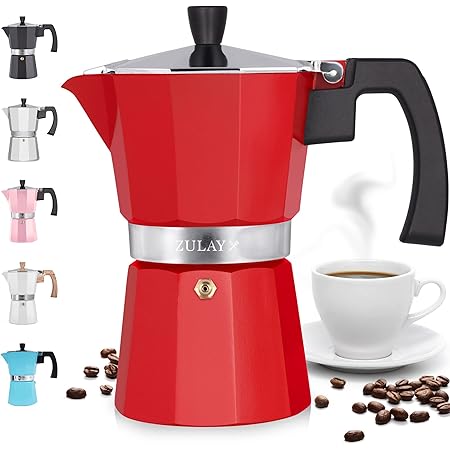 Zulay Classic Italian Style 5.5 Espresso Cup Moka Pot, Stovetop Espresso Maker for Great Flavored , Makes Delicious Coffee, Easy to Operate & Quick Cleanup Pot (Red)