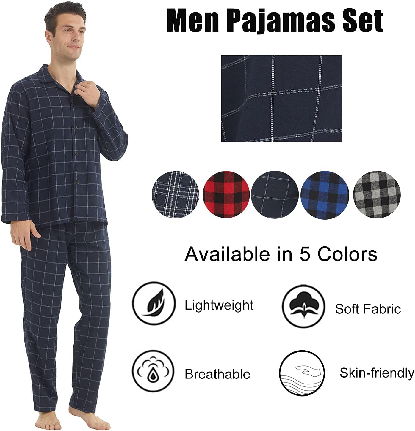 LANBAOSI Flannel Pajamas for Men Set Long Sleeve Soft Cotton Loungewear Sleepwear Plaid Shirt Pants Pjs Top Bottom - Image 6