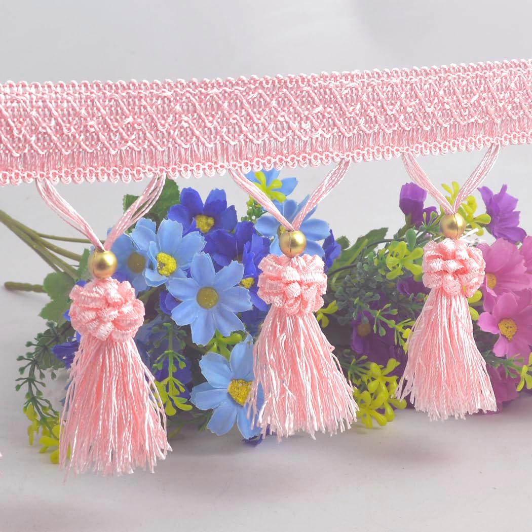 Fringe Tassel Lace Trim 12.5 Yards Braided Hanging Beads Handwork DIY Craft Sewing Accessory Lace for Home Curtain Table Decoration (Pink)
