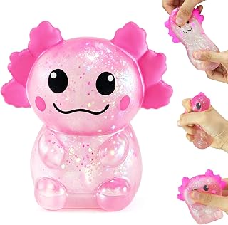 1PCS Glitter Axolotl Squishy, Slow Rising Squeeze Toy, Cute Axolotl Fidget Toy for Stress Relief, Calming Sensory Toy for Kids Adults, Party Favor Gifts (New Pink)