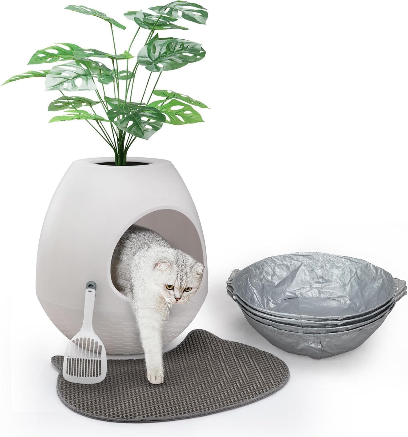 Large Plant Cat Litter Box with 4X Litter Box Liners | Cat Litter Mat & Scoop, Cat Hidden Litter Box, Artificial Plant Litter Box Enclosure Furniture Large DIY Litter Box Furniture for Cat Kitty Bunny