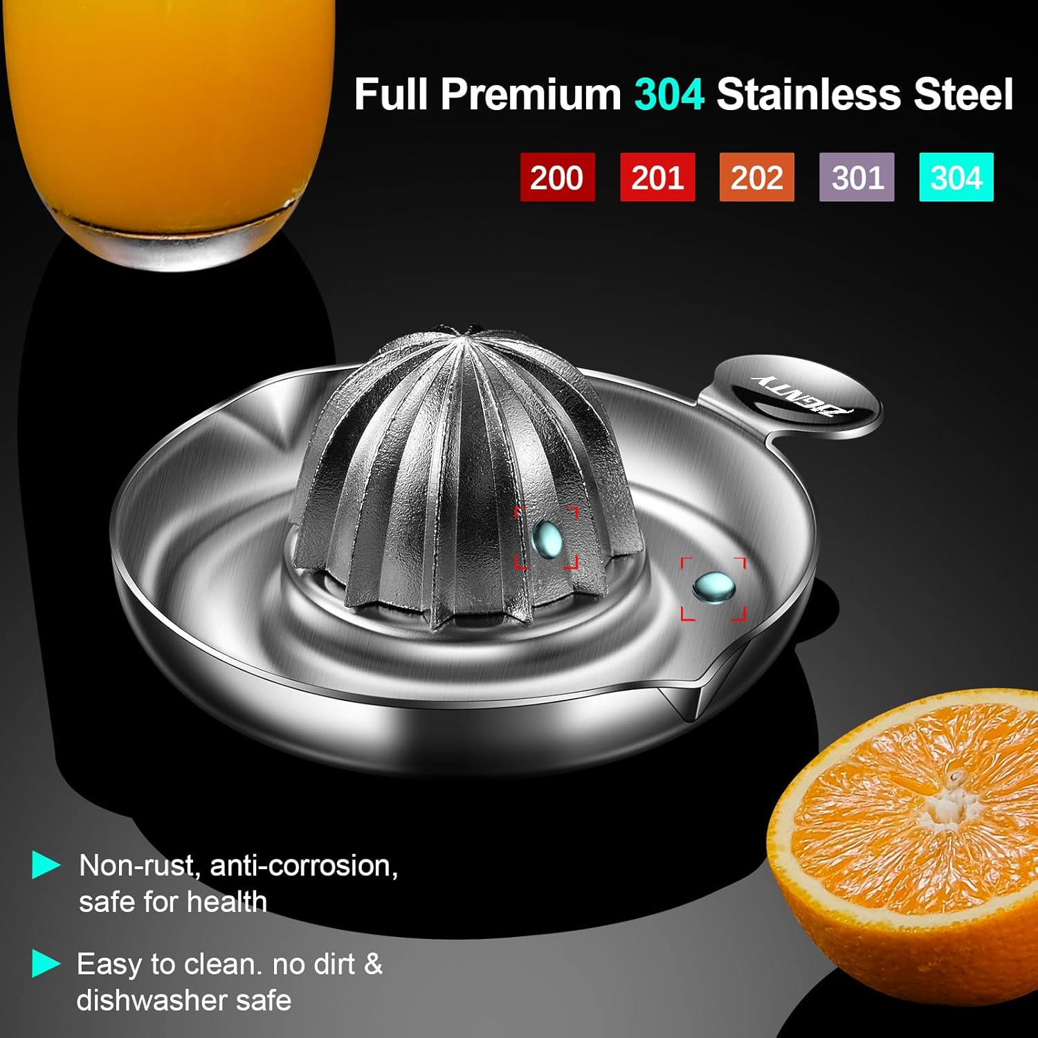Lemon Squeezer Stainless Steel, Heavy Duty Manual Hand Juicer, Premium Citrus Reamer Juicer Rotation, Lime Orange Fruit Squeezer, 200ML Container 2 Pour Spouts, Dishwasher Safe（5-Year Warranty）