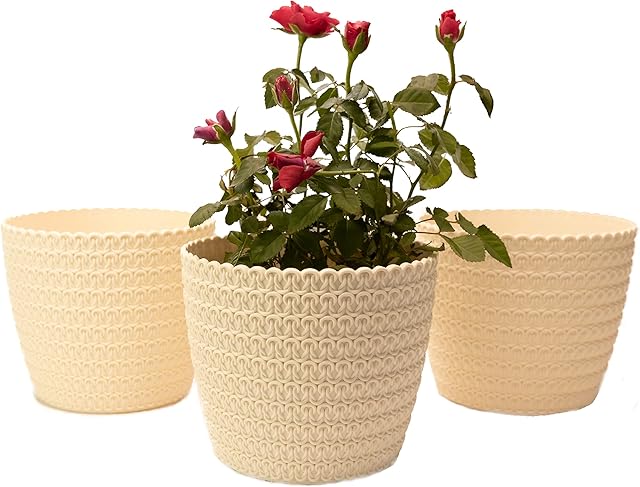 Set of 3 Plant Pots Knitted Large Small Medium Round Decorative Plastic Holder Planters Basket Flower Pot Home Garden Stand Cover Decor (Ø 14cm (5.51 inch), Creamy)