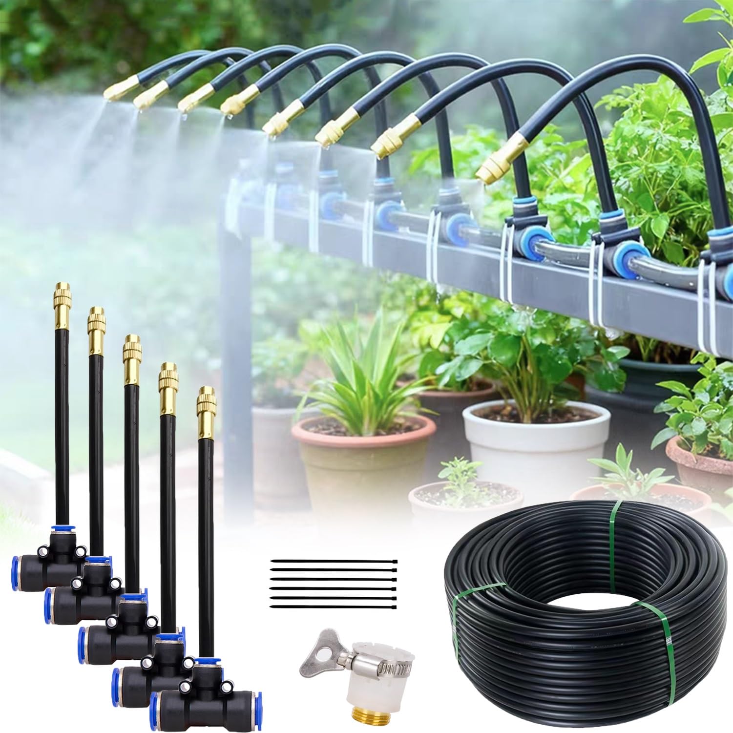 Kit di Nebulizzazione per Raffreddamento per Patio Esterno, Ugello Orientabile A 360° con Filtro, Sistema di Irrigazione da Giardino con Tubo in PE per Serre, Prato E Piante | 20m/65.6ft