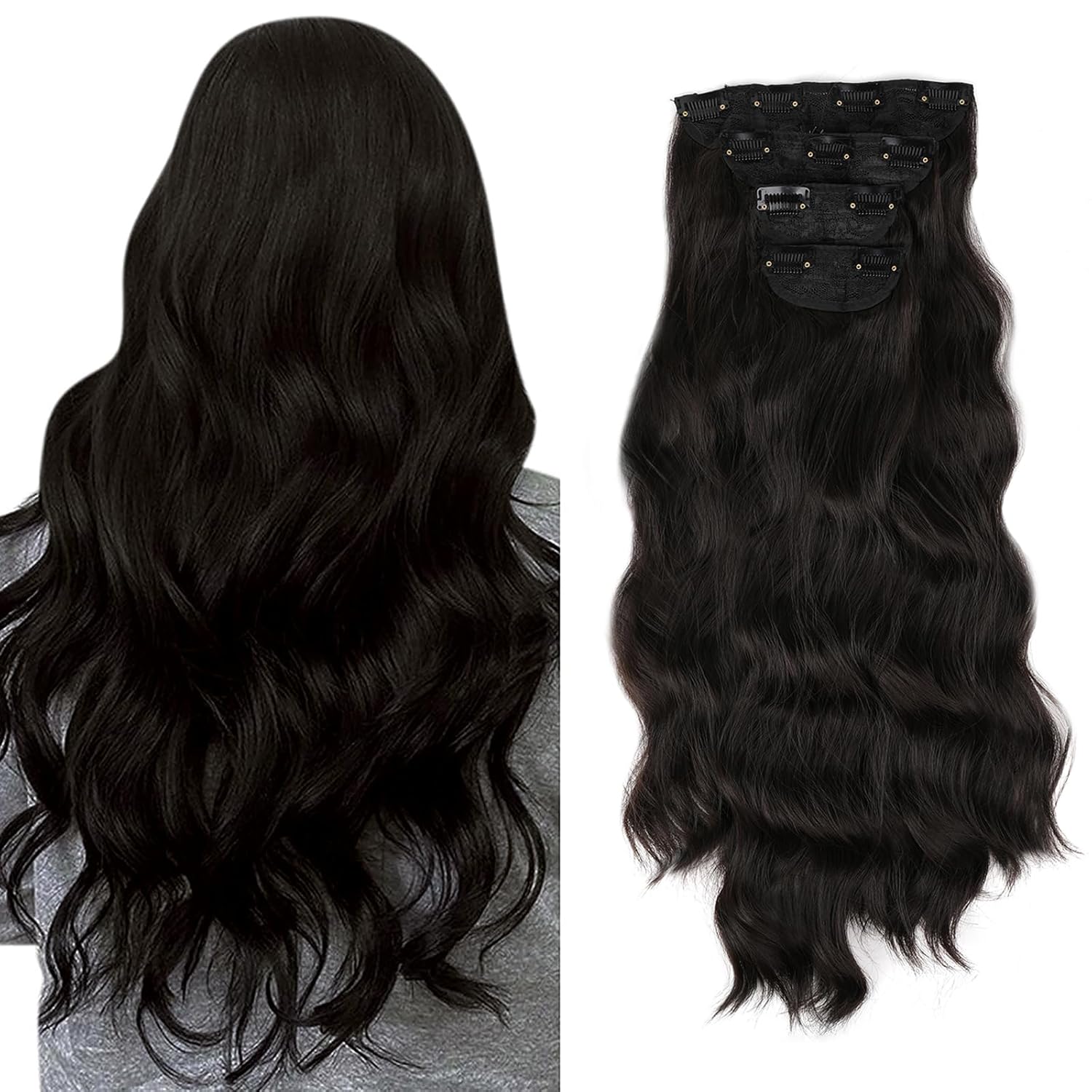 4PCS 250gm Not Tangled Long Wavy Hair Extensions Thick Long Clip in Hair Extensions for Women Full Head Natural Soft Heat Resistant – (Black/Brown, 22 Inches)
