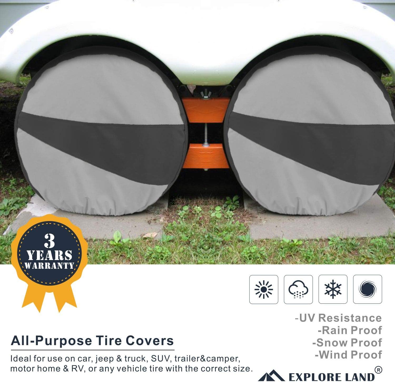 Explore Land Durable Tire Covers Set of 4 - Heavy Duty Tire Wheel Protector for RV, Jeep, Motorhome, SUV, Travel Trailer Fits Tires Diameters 23-25.75 inches (Black & Gray): Automotive