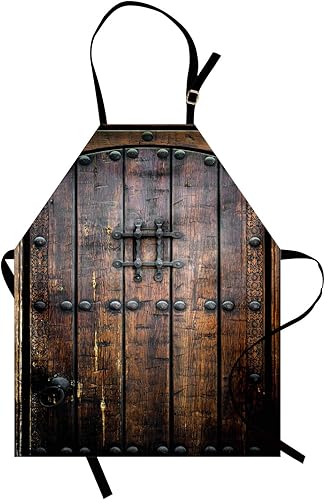 Lunarable Delantal rústico, puerta de madera, impresión histórica vintage exterior de estructura medieval, babero de cocina unisex con cuello