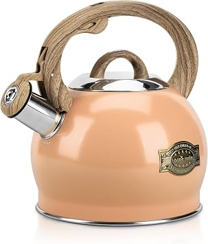 2.1 Qt Whistling Tea Kettle for Stovetop with Heat-Resistant Handle | Peachy Stainless Steel Kettle for Gas, Electric & Induction Stovetops with Wood-Look Ergonomic Handle and Easy-Pour Spout