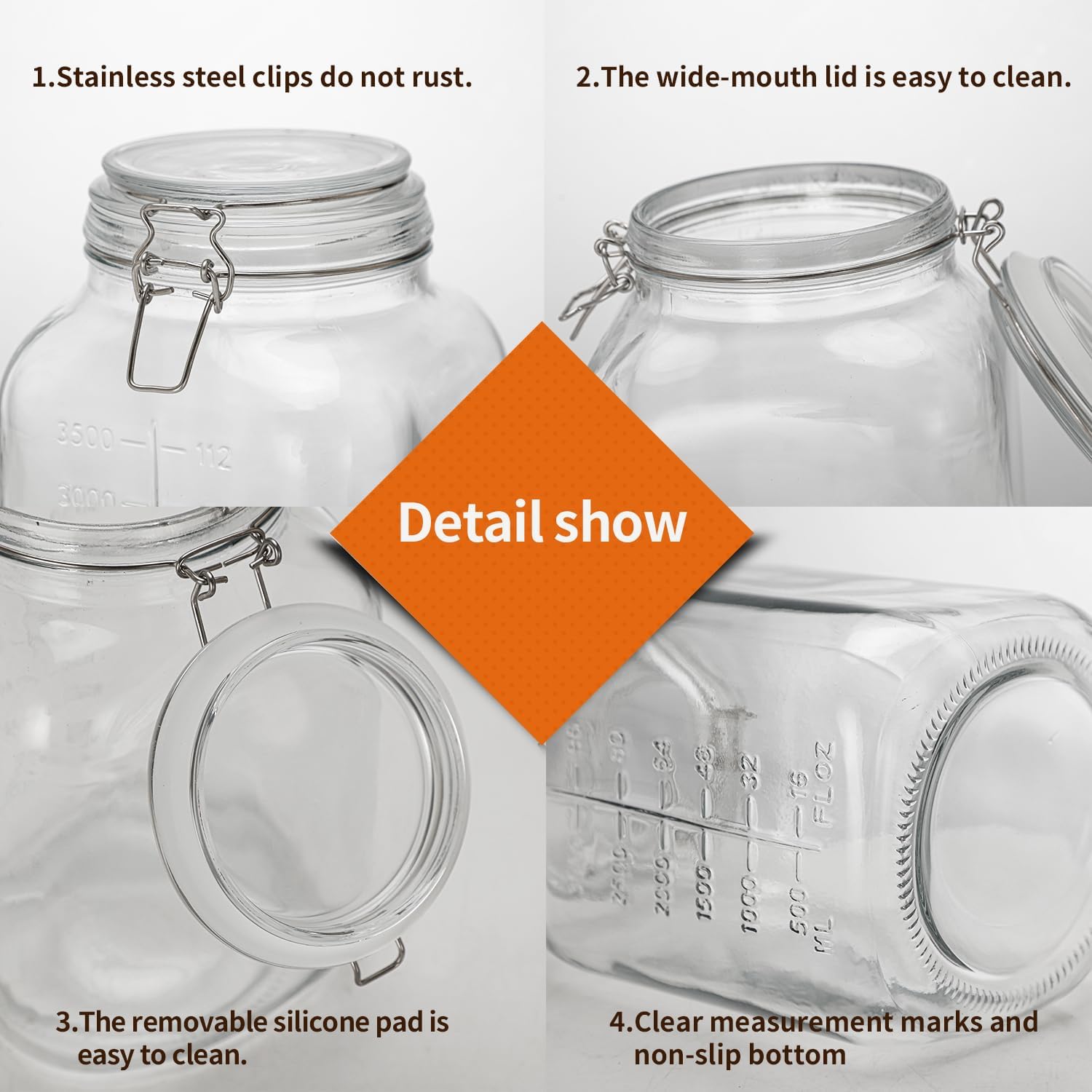 1.1 Gallon Large Glass Food Storage Jars with Airtight Lids,Set of 2 Square Wide Mouth Airtight Glass Storage Container,135oz Kitchen Mason Jar with Measurement Mark,for Flour Sugar Canning. - Image 5