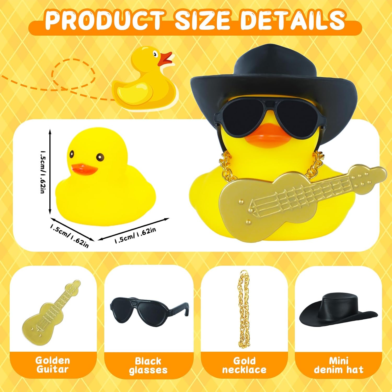 Guitar Cowboy Rubber Duck with Hat & Sunglasses Dashboard Decor - Squeaky Rubber Duck with Gold Chain, Mini Guitar & Tape for Jeep Car Accessories, Office Desk, Funny Gifts (Yellow Duck)