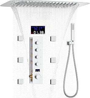 AYIVG Chrome Thermostatic Rainfall Full Body Shower System With 2 In 1 Waterfall Rainfall Ceiling Mount 16 X 24 Inch Rain Shower Head 6 Jets Temperature Display Shower Faucet Set
