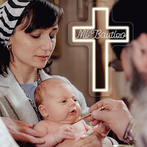 Miniatura 3 de Letrero de neón Mi Bautizo para decoración de pared de bautismo, letrero de neón LED Mi Bautizo de 10.9 x 15.7 pulgadas, letrero de neón de cruz de