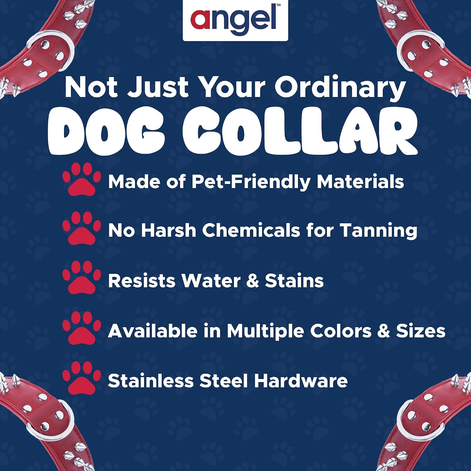Angel Pet Supplies - Amsterdam Spiked Dog Collar, Genuine Leather Dog Collar for Large Dogs to Extra Large Dogs, Water-Resistant, Thick Dog Collar with D-Ring, Valentine Red Collar, 22 x 1.5 inches