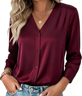 Zeagoo Women Satin Silk Blouses V Neck Long Sleeve Button Down Shirts Tops | Dressy Satin Business Blouses Shoulder Gathers,Fall Clothes, Perfect for Business or Casual Weekends, Lightweight and Elegant